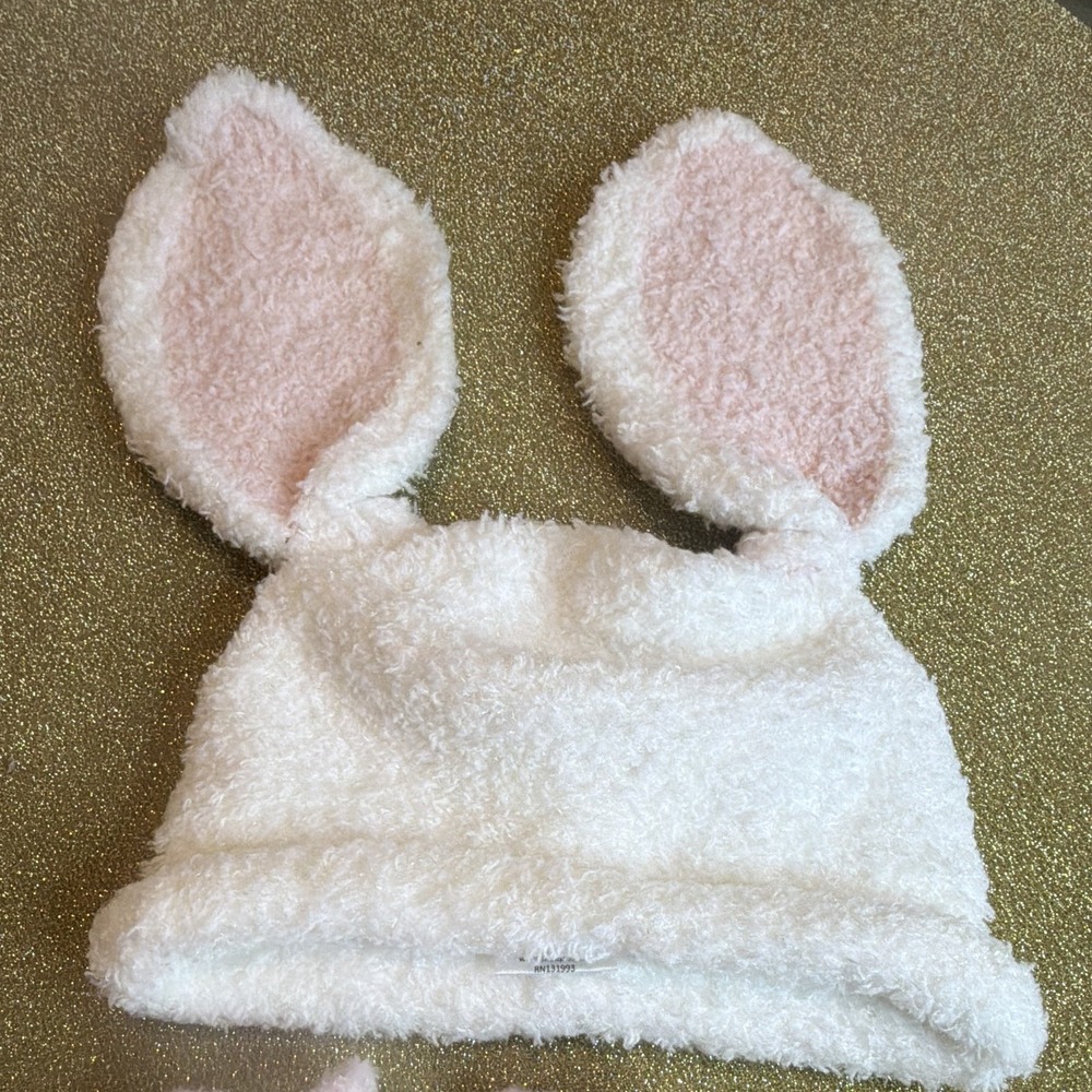 Mud Pie Plush Bunny Ear Beanie Hat & Booties Set 0-6M White/Pink Lightweight - Picture 3 of 5